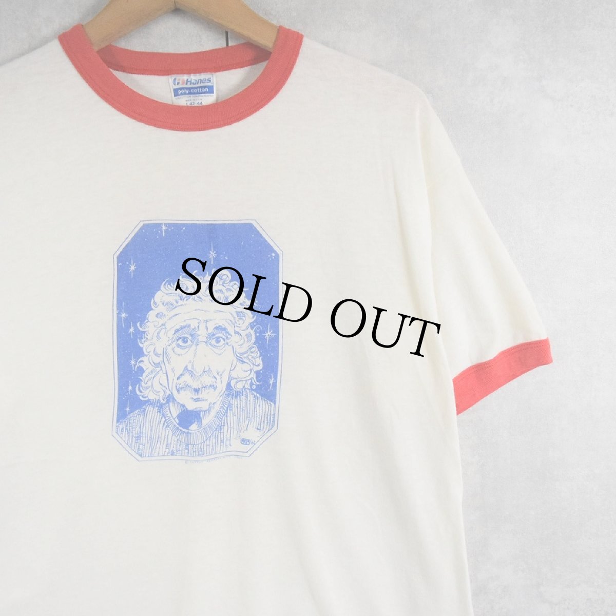 画像1: 80's Albert Einstein USA製 偉人イラストプリント リンガーTシャツ L (1)