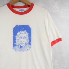 画像1: 80's Albert Einstein USA製 偉人イラストプリント リンガーTシャツ L (1)