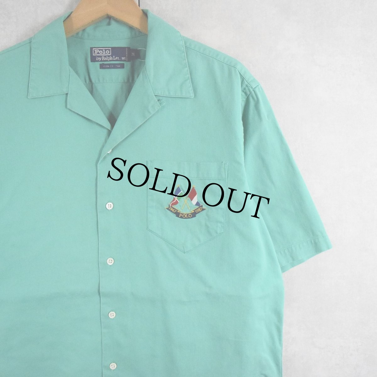 画像1: 【SALE】 90's POLO Ralph Lauren フラッグ刺繍 コットンオープンカラーシャツ M (1)