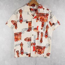 画像1: 80's HAWAIIAN Surf ネイティブ柄 コットンアロハシャツ S (1)