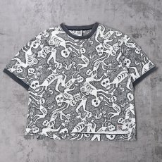 画像1: 90's VISION STREET WEAR USA製 スカル総柄プリント リンガーTシャツ M (1)