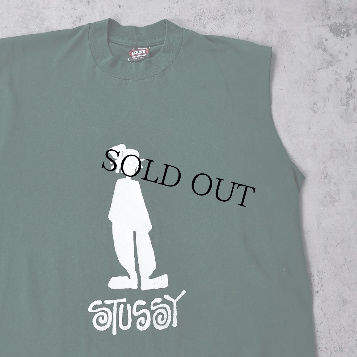 画像1: 80〜90's ブート STUSSY USA製 "SHADOW MAN" カットオフスリーブ プリントTシャツ L (1)