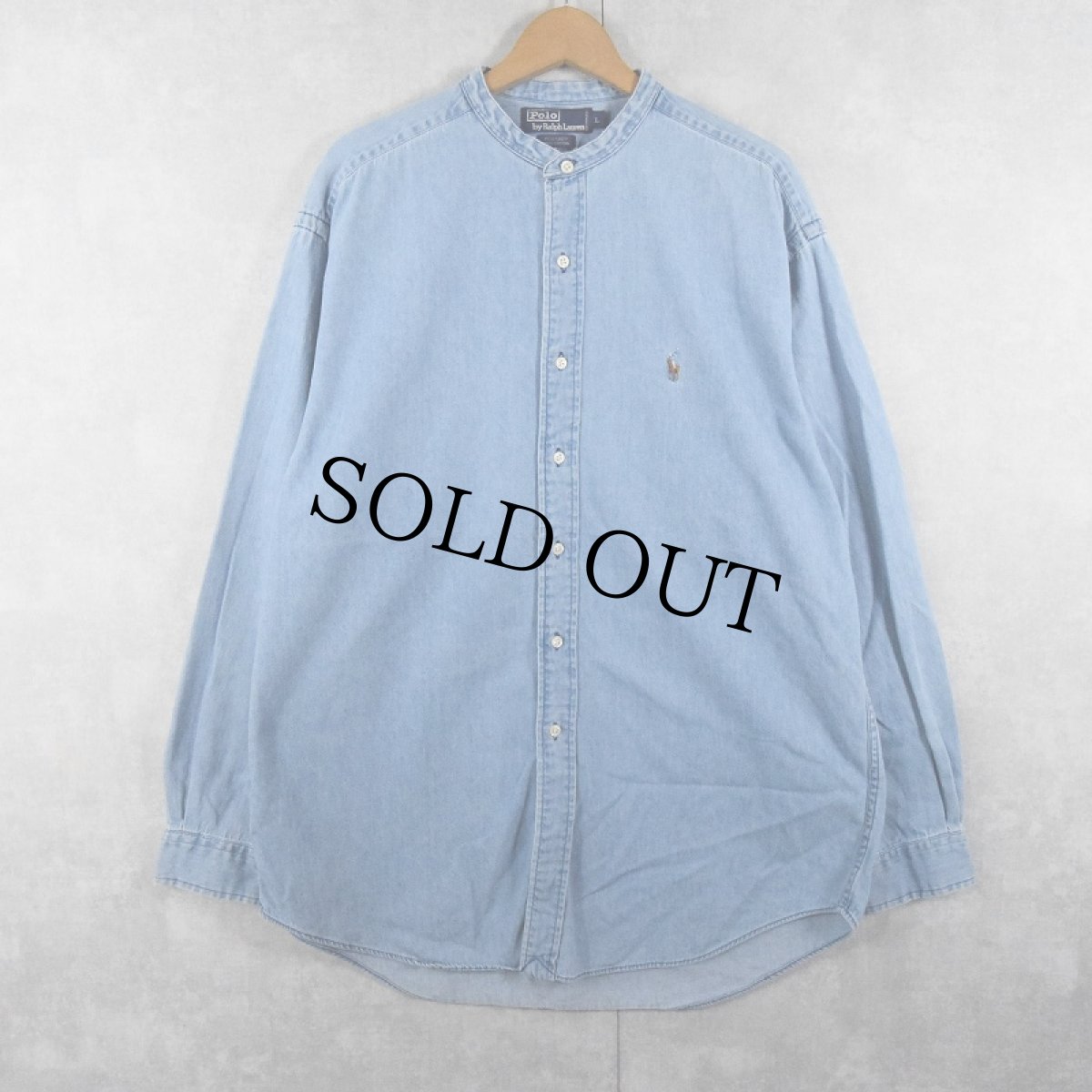 画像1: POLO Ralph Lauren "POSTBOY" ロゴ刺繍 バンドカラー デニムシャツ L (1)