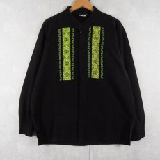 画像1: 刺繍デザイン バンドカラーコットンシャツ BLACK (1)