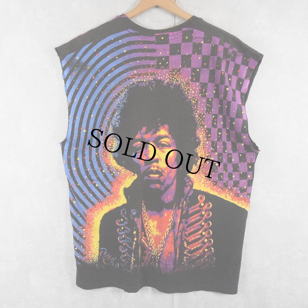 画像2: 1992 Jimi Hendrix カットオフ ミュージシャン 大判プリントTシャツ BLACK (2)