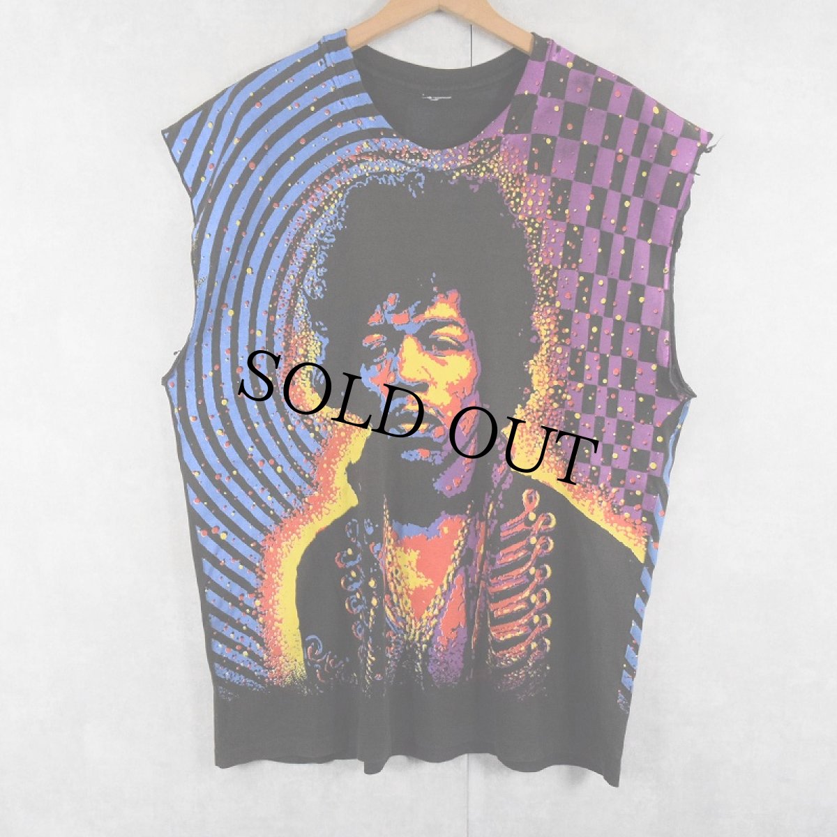 画像1: 1992 Jimi Hendrix カットオフ ミュージシャン 大判プリントTシャツ BLACK (1)