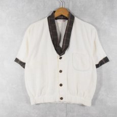 画像1: 70's STATE-O-MAINE チェック柄切り替え ノーカラーパイルシャツ M (1)