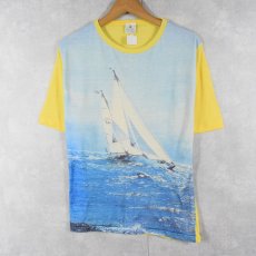 画像1: 70's Pan Knit ヨット大判プリント ポリエステルTシャツ L (1)