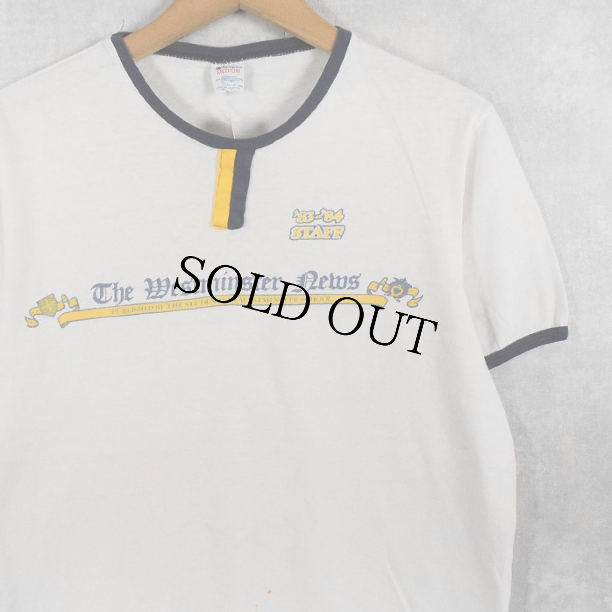 画像1: 80's Champion トリコタグ USA製 "The Westminster News" チョコチン 染み込みプリント リンガーTシャツ M (1)