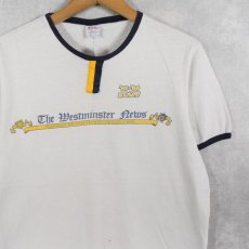 画像1: 80's Champion トリコタグ USA製 "The Westminster News" チョコチン 染み込みプリント リンガーTシャツ M (1)