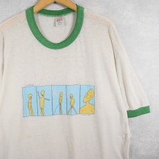 画像1: 80's LITEBLEU CLOTHING USA製 シュールイラストプリント リンガーTシャツ XL (1)