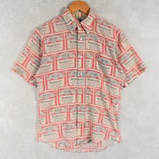 画像1: 〜70's Budweiser 総柄 コットンポリ ボタンダウンシャツ S (1)