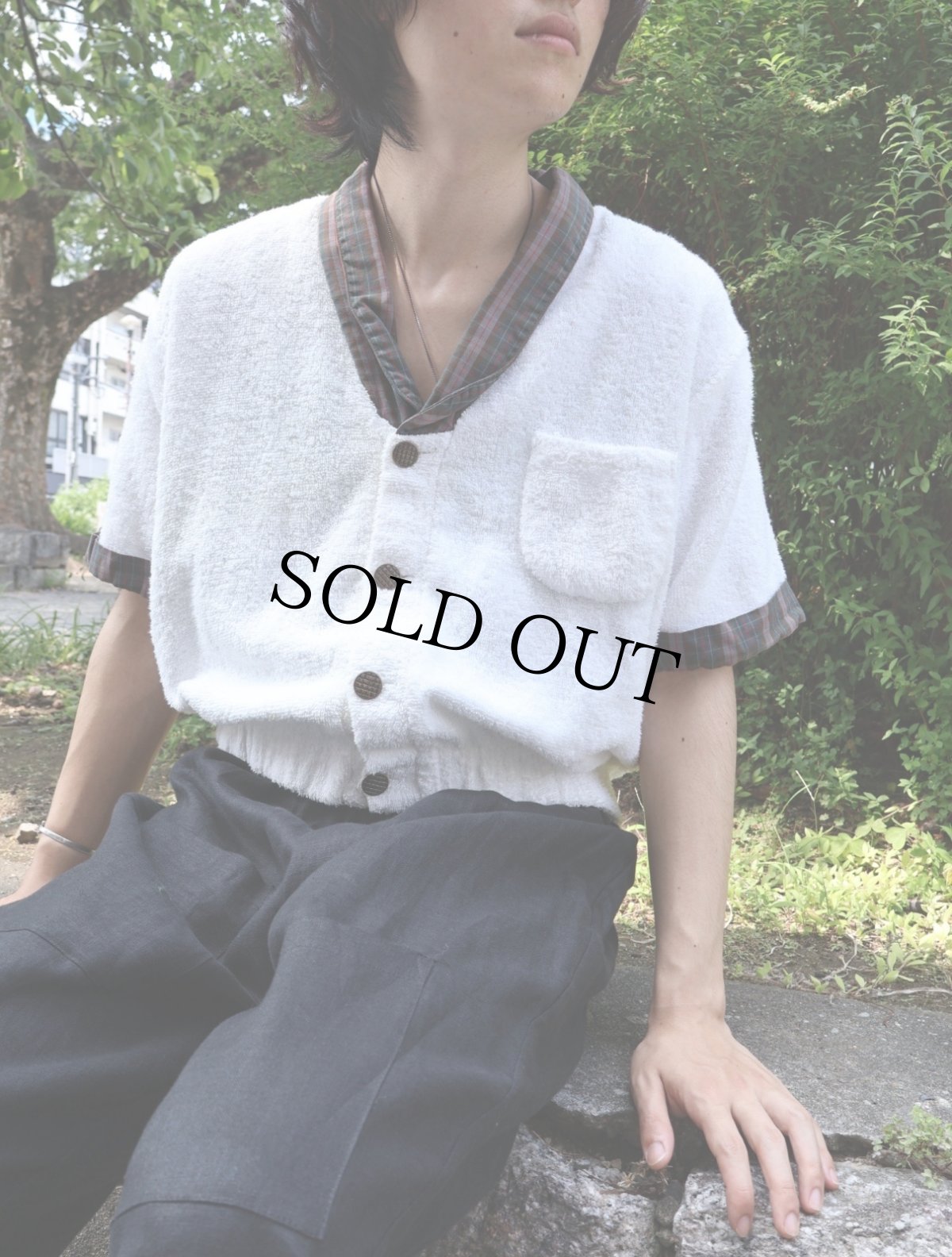 画像5: 70's STATE-O-MAINE チェック柄切り替え ノーカラーパイルシャツ M (5)