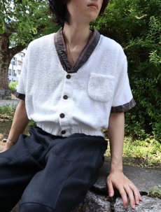 画像5: 70's STATE-O-MAINE チェック柄切り替え ノーカラーパイルシャツ M (5)