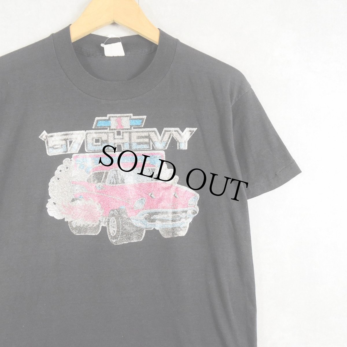 画像1: 80's "57 CHEVY" クラシックカー ラメプリントTシャツ BLACK L (1)