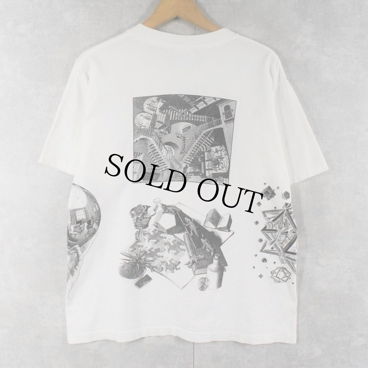 画像2: 90's M.C.Escher USA製 騙し絵アート マルチプリントTシャツ L (2)