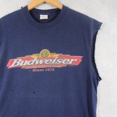 画像2: 90's Budweiser ビールメーカー カットオフスリーブＴシャツ NAVY L (2)