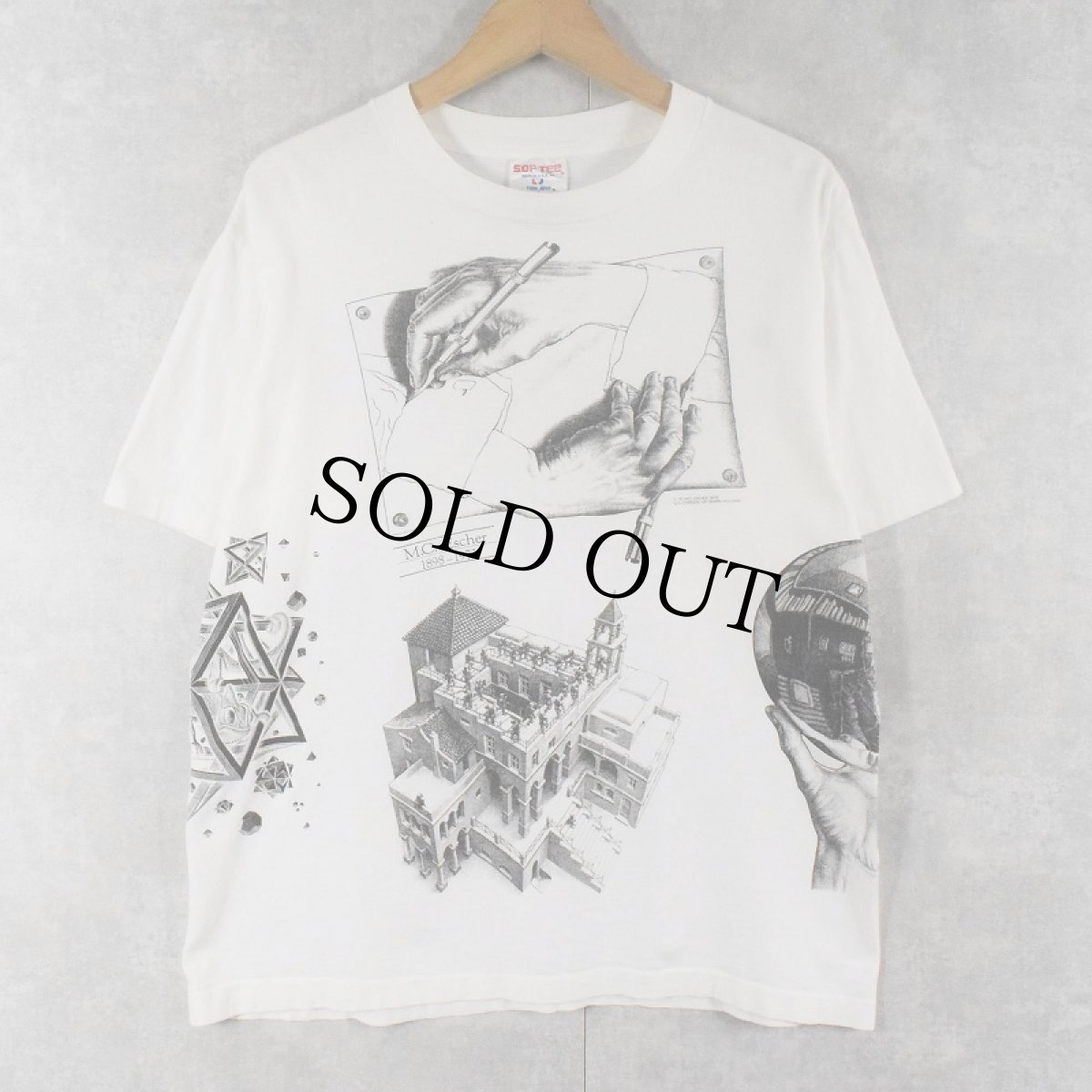 画像1: 90's M.C.Escher USA製 騙し絵アート マルチプリントTシャツ L (1)