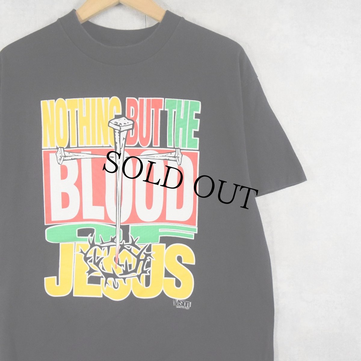 画像1: 90's USA製 "NOTHING BUT THE BLOOD OF JESUS" ジーザスプリントTシャツ BLACK L (1)