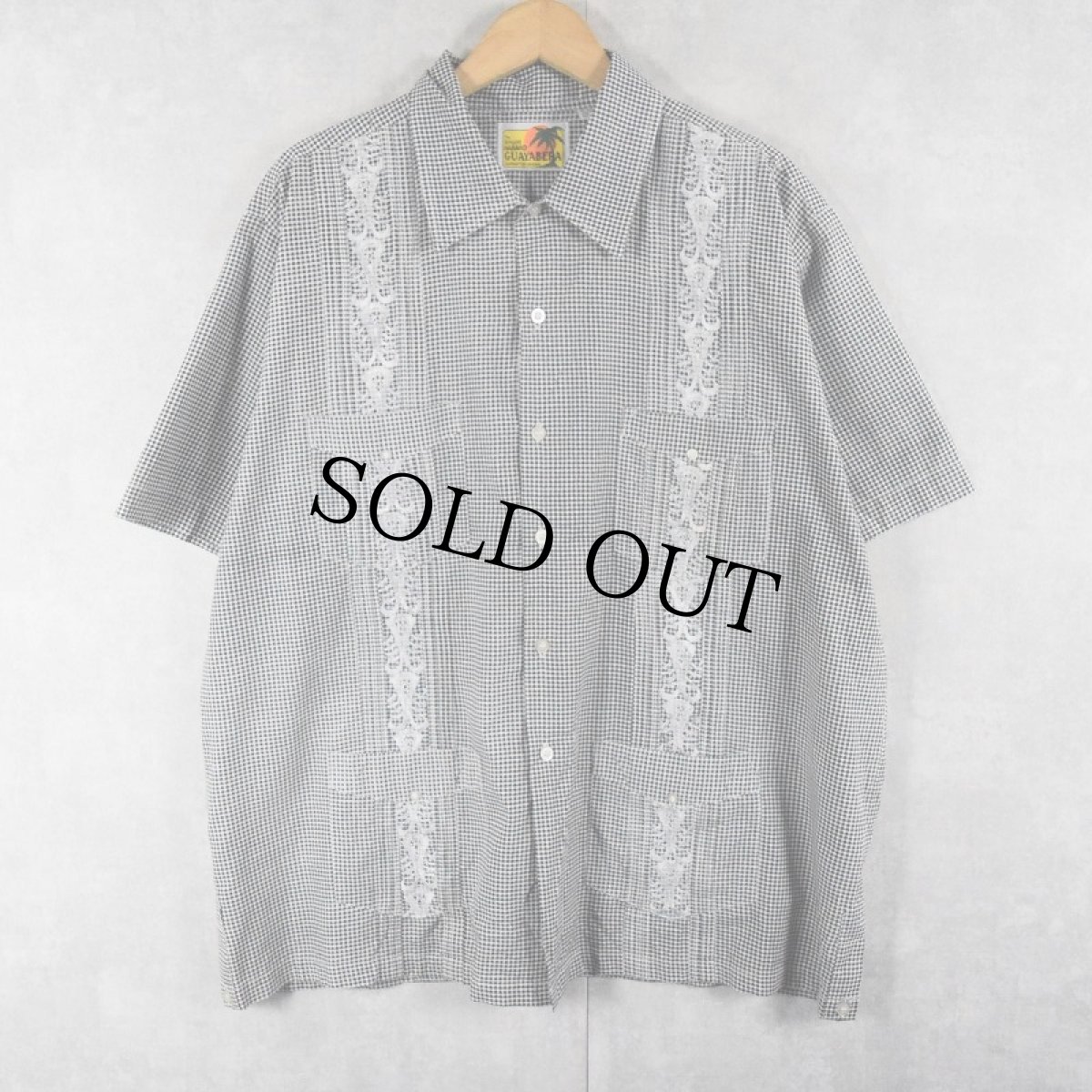 画像1: GUAYABERA ギンガムチェック柄 刺繍デザイン キューバシャツ XL (1)