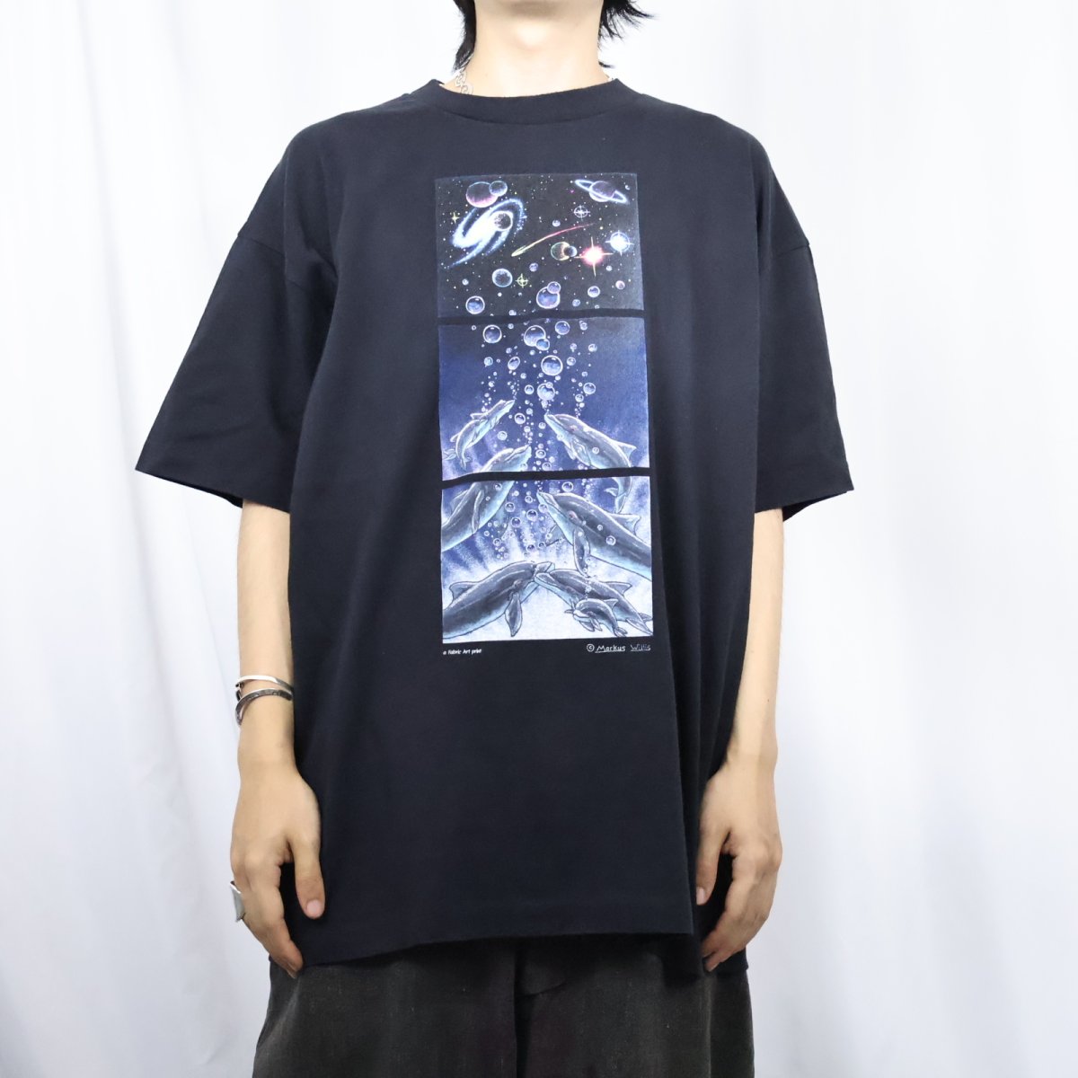 画像2: 90's Markus Willis USA製 イルカ×宇宙 イラストプリントTシャツ BLACK XL (2)
