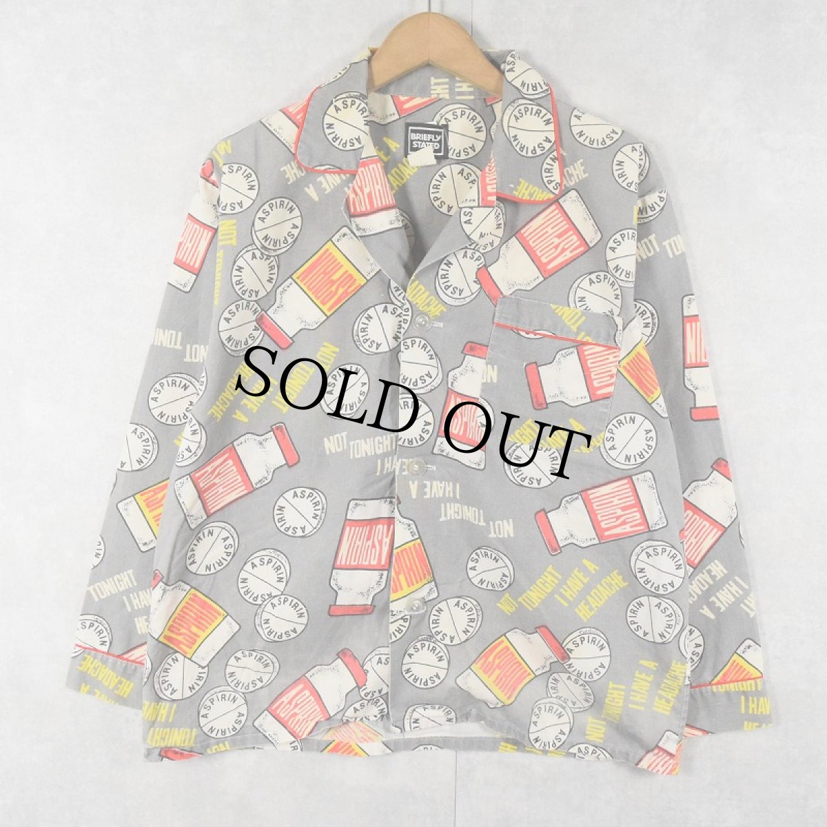 画像1: 90's BRIEFLY STATED "NOT TONIGHT I HAVE A HEADACHE" 解熱鎮痛薬柄 パジャマシャツ M (1)