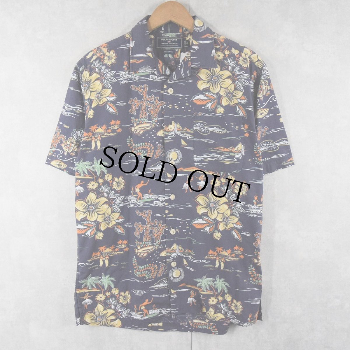 画像1: 90's POLO SPORT Ralph Lauren オールオーバーパターン コットンアロハシャツ NAVY S (1)