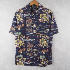 画像1: 90's POLO SPORT Ralph Lauren オールオーバーパターン コットンアロハシャツ NAVY S (1)