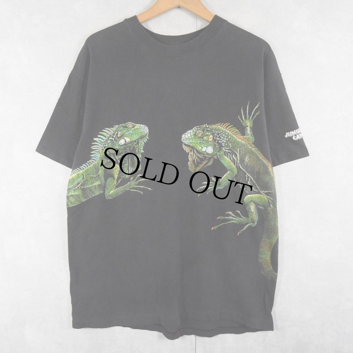 画像1: 90's HARLEQUIN NATURE GRAPHICS "JUNGLE RICO CANCUN" トカゲ 巻きプリントTシャツ BLACK (1)