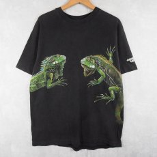 画像1: 90's HARLEQUIN NATURE GRAPHICS "JUNGLE RICO CANCUN" トカゲ 巻きプリントTシャツ BLACK (1)