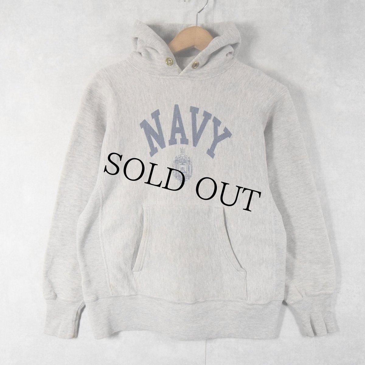 画像1: 70's Champion REVERSE WEAVE USA製 青単色タグ "NAVY" 染み込みプリント スウェットフーディー S (1)