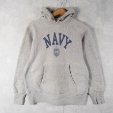 画像1: 70's Champion REVERSE WEAVE USA製 青単色タグ "NAVY" 染み込みプリント スウェットフーディー S (1)