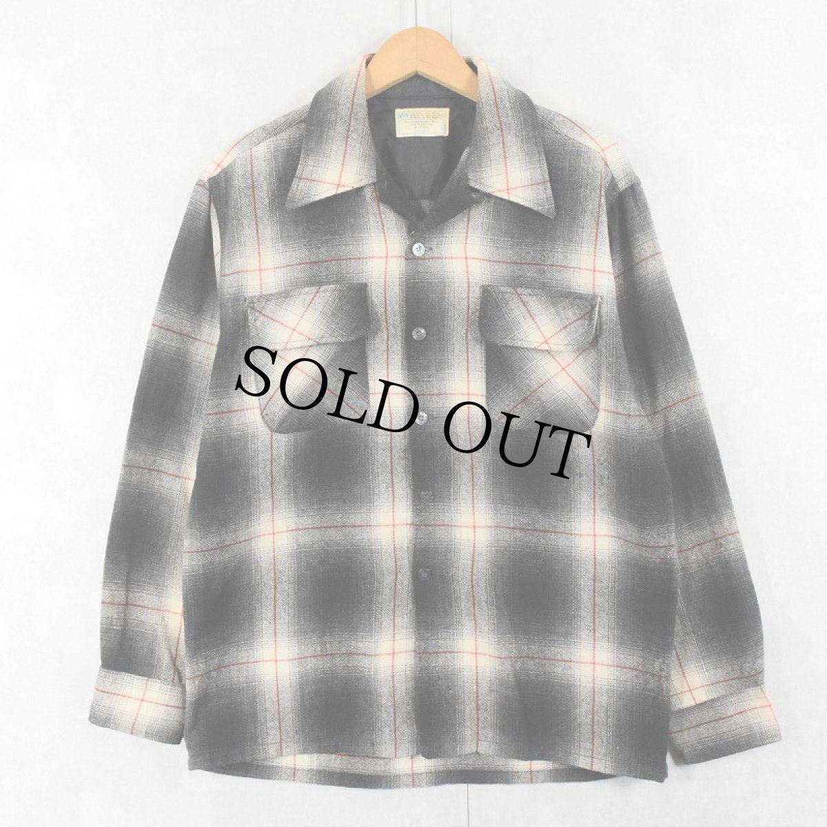 画像1: 70's JCPenney KOREA製 オンブレーチェック柄 ウールオープンカラーシャツ BLACK M (1)
