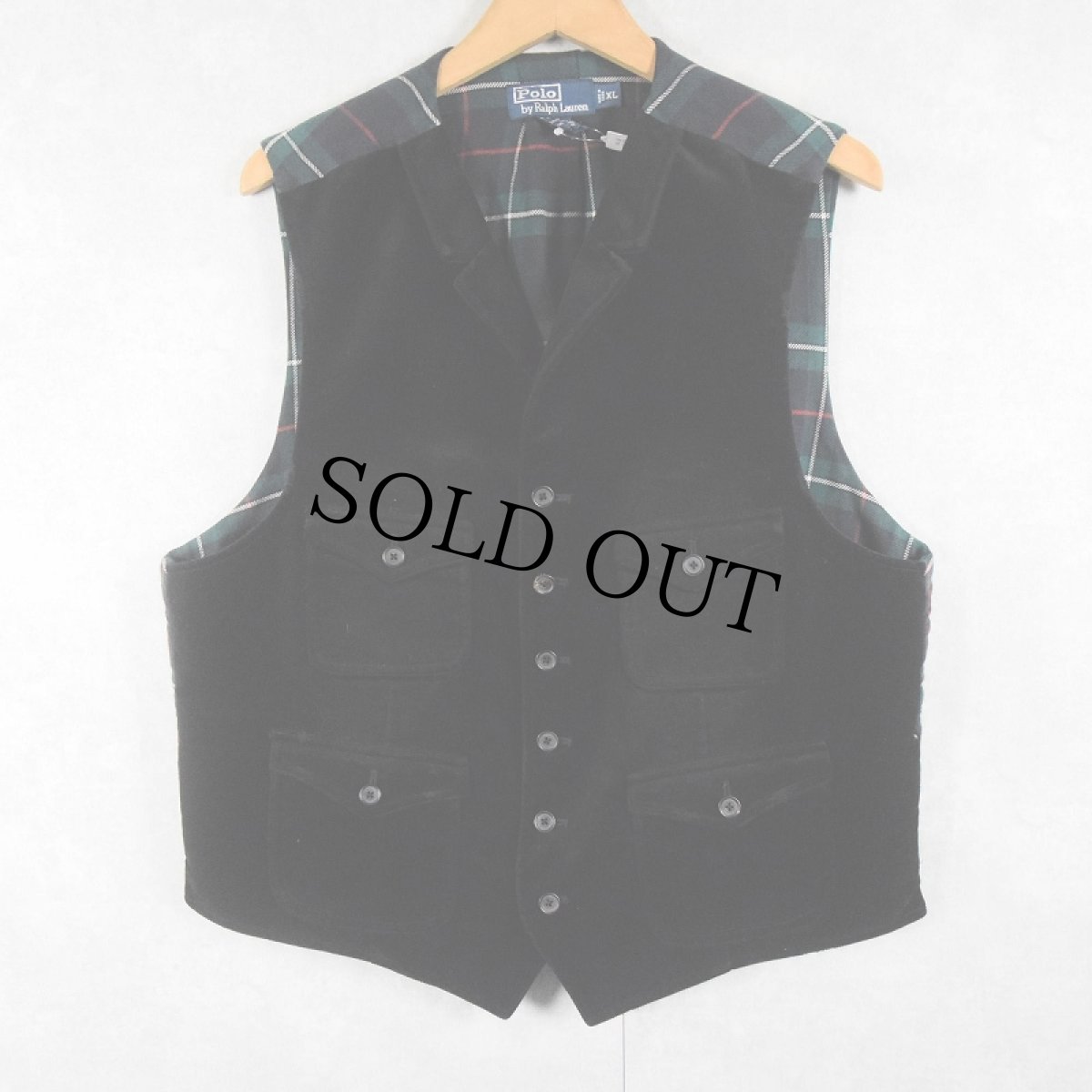 画像1: 90's POLO Ralph Lauren チェック柄 ベロア切り替えベスト XL (1)