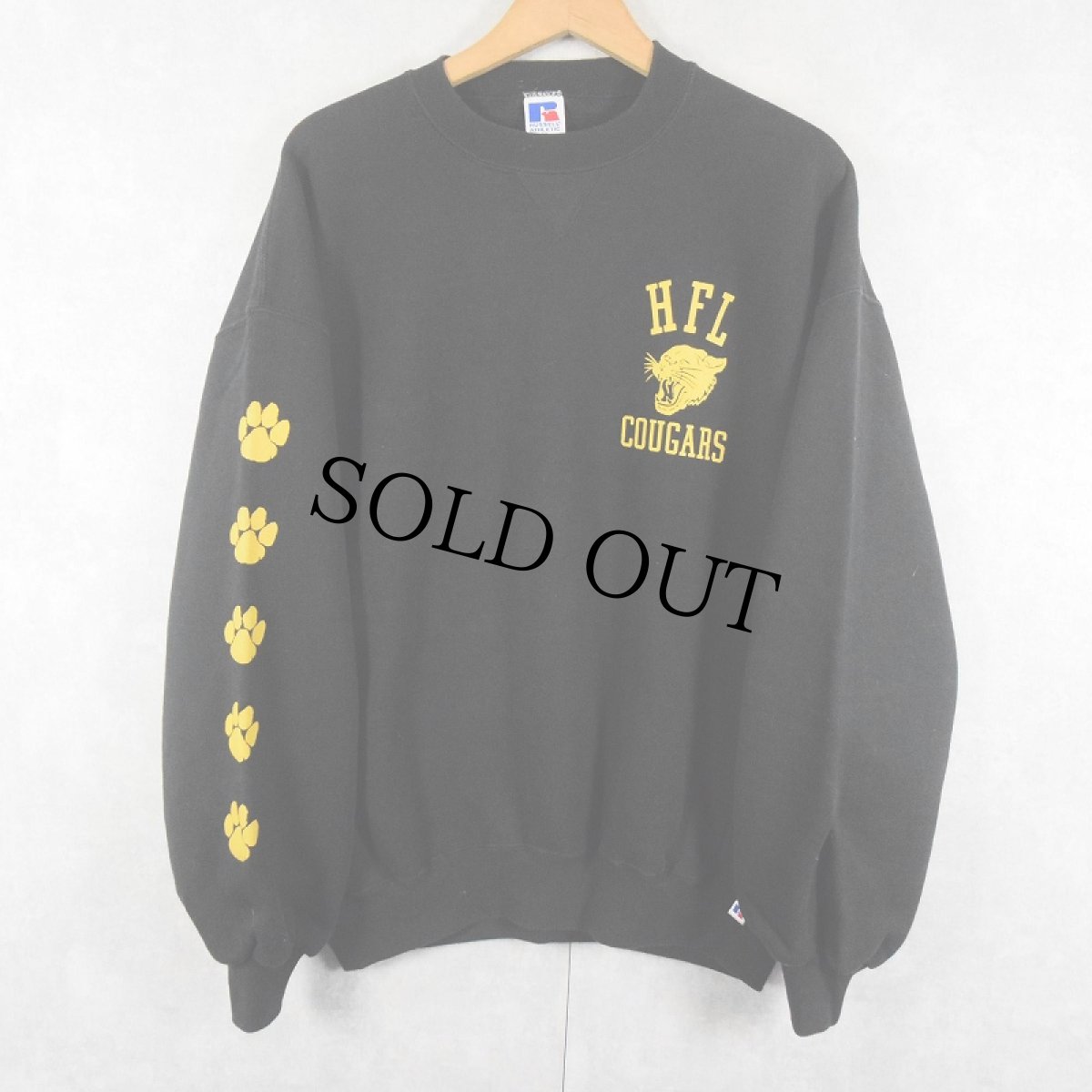 画像1: 90's RUSSELL ATHLETIC USA製 "HFL COUGARS" 前V プリントスウェット BLACK XL (1)