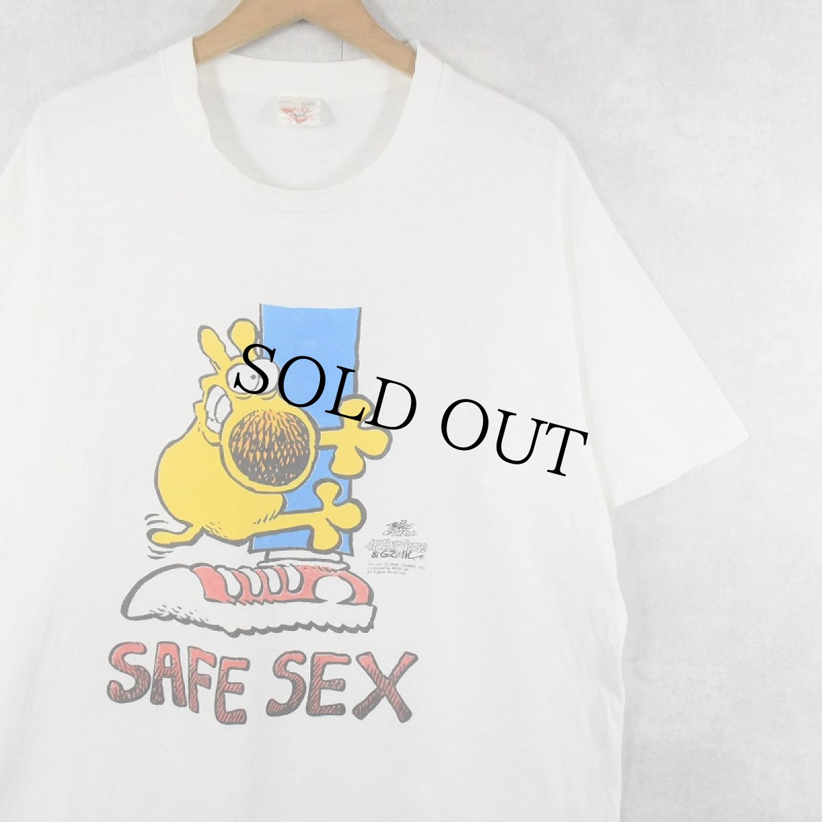 画像1: 80's CANADA製 Mother Goose & Grimm "SAFE SEX" コミック キャラクタープリント エロTシャツ XL (1)
