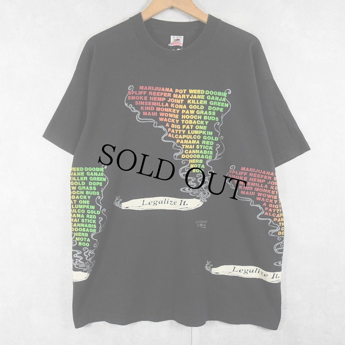 画像1: 90's USA製 "MARIJUANA, POT, WEED, DOOBIE...." 大麻スラング フロッキープリントTシャツ BLACK XL (1)