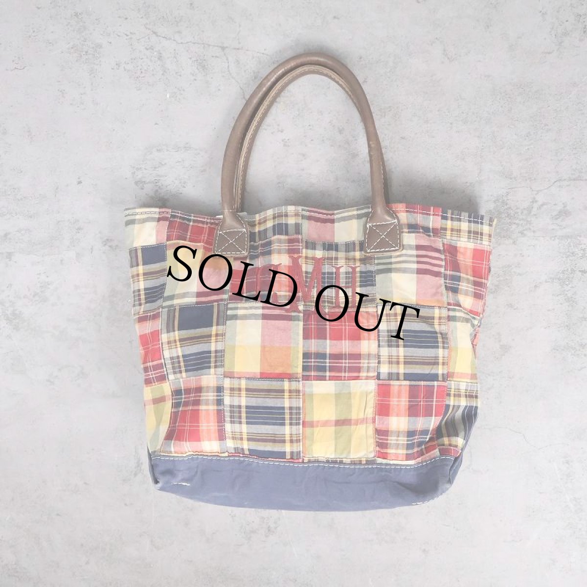 画像1: L.L.Bean チェック柄 刺繍入り レザーハンドル パッチワークトートバッグ MEDIUM (1)