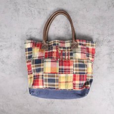 画像1: L.L.Bean チェック柄 刺繍入り レザーハンドル パッチワークトートバッグ MEDIUM (1)