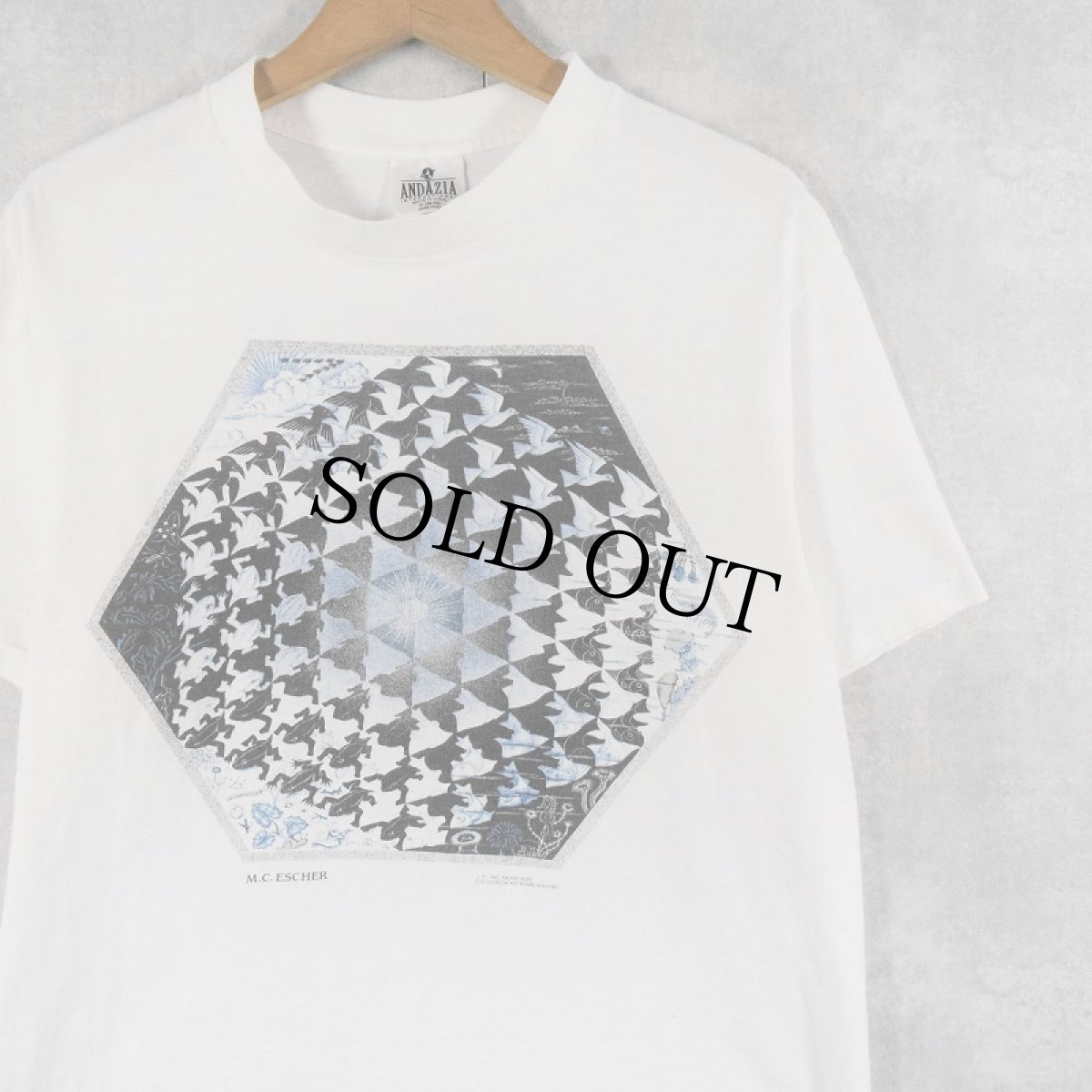 画像1: 90's  M.C.ESCHER USA製 "Verbum" 騙し絵アートプリントTシャツ M (1)