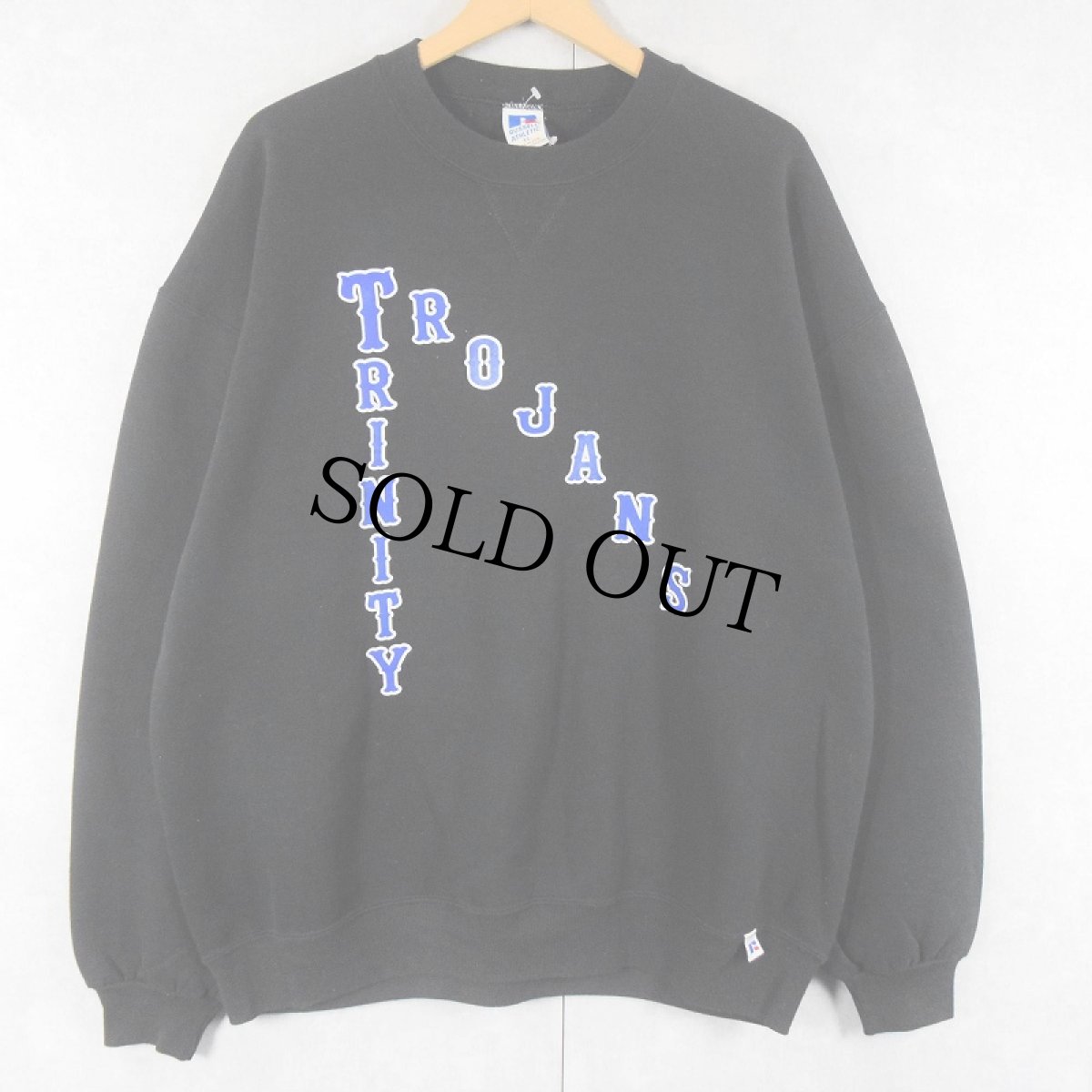 画像1: 90's RUSSELL ATHLETIC USA製 "TRINITY TROJANS" 前V フットボールチーム プリントスウェット BLACK XL (1)
