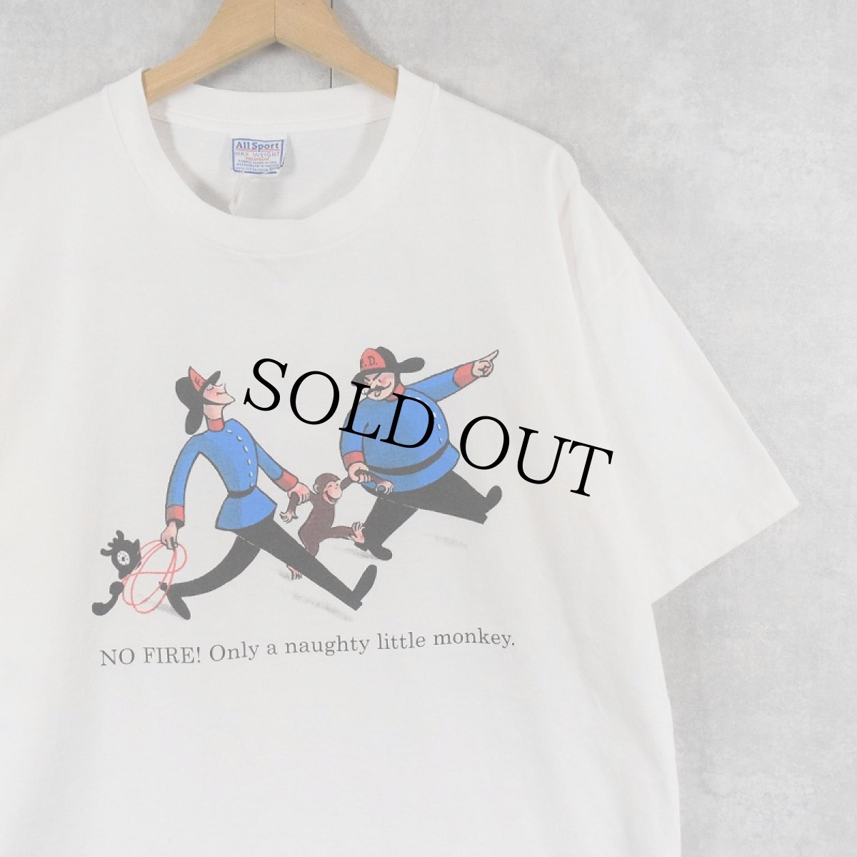 画像1: 90's Curious George "NO FIRE! Only a naughty..." キャラクタープリントTシャツ XL (1)
