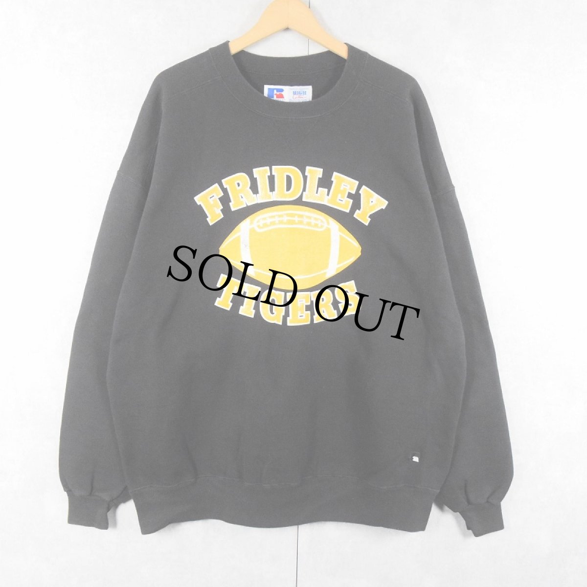 画像1: 90's RUSSELL ATHLETIC USA製 HIGH COTTON "FRIDLEY TIGERS" 前V プリントスウェット BLACK XXL (1)