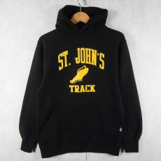 画像1: 90's RUSSELL ATHLETIC USA製 "ST. JOHN'S TRACK" ウイングフットプリントスウェットフーディー BLACK M (1)