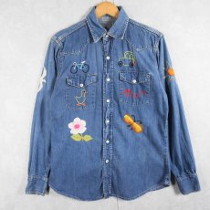 画像2: 60〜70's ハンド刺繍 デニムウエスタンシャツ (2)