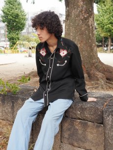 画像1: 70's H BAR C トランプ刺繍 ポリエステル ウエスタンシャツ BLACK (1)