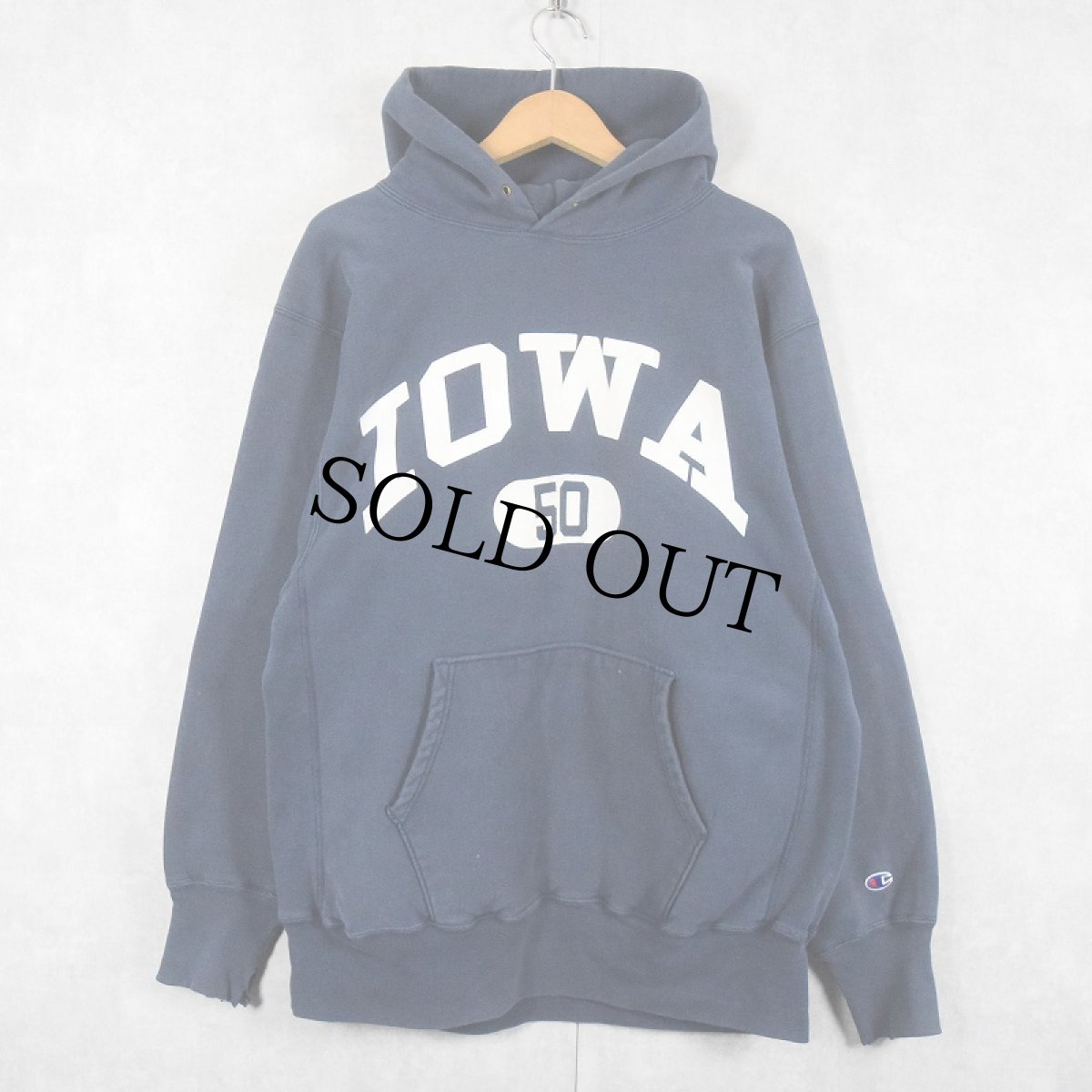 画像1: 90's Champion REVERSE WEAVE "IOWA" プリントスウェットフーディー NAVY XL (1)