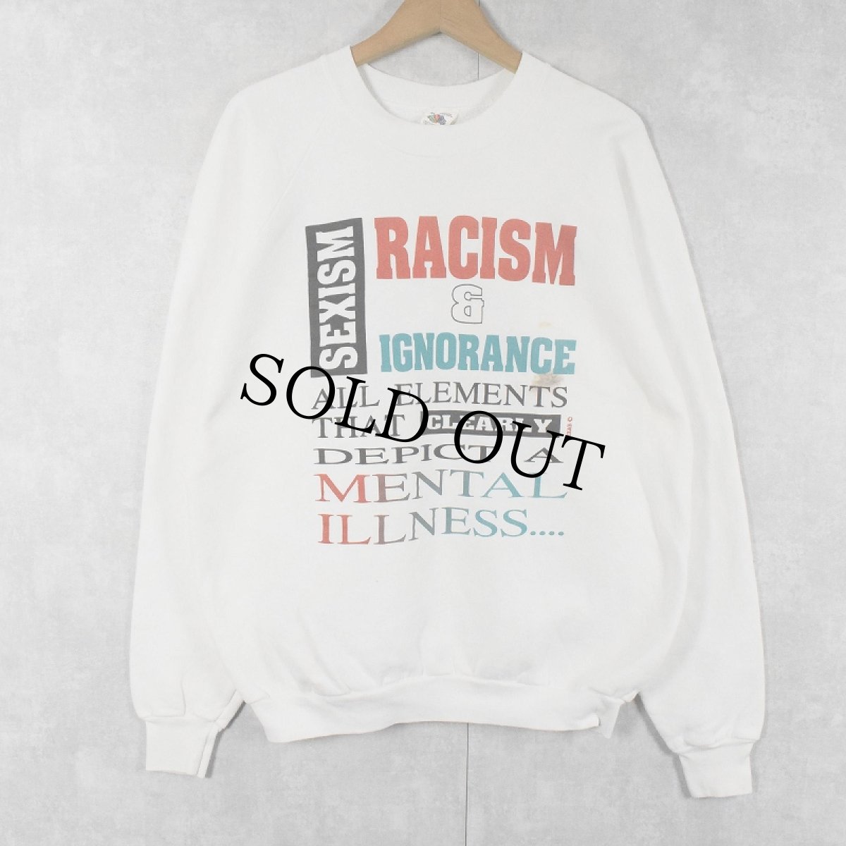 画像1: 90's USA製 "RACISM&IGNORANCE..." メッセージプリントラグランスウェット XL (1)