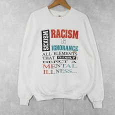 画像1: 90's USA製 "RACISM&IGNORANCE..." メッセージプリントラグランスウェット XL (1)