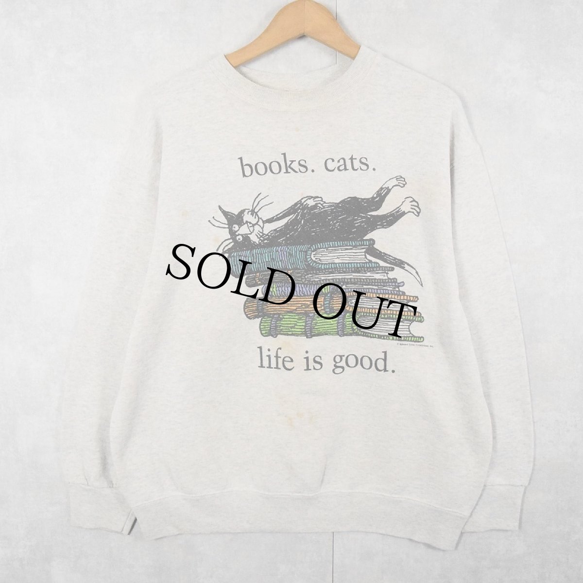 画像1: Edward Gorey USA製 "books.cats." 本×ねこ プリントTシャツ L (1)